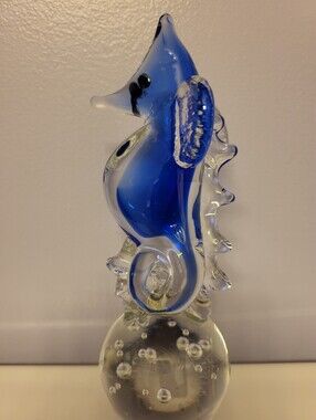 Murano Handblown Blue And Clear 7 Inch Glass Seahorse Paperweight